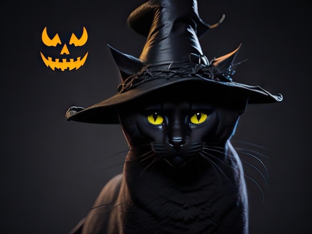 Halloween zwarte kat met een heksenhoed op zwarte achtergrond ai generatief