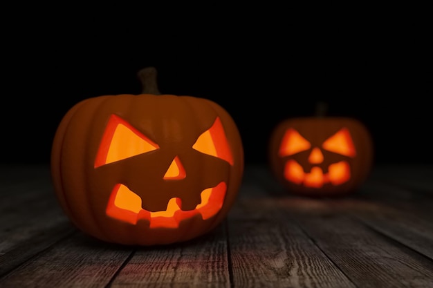 HalloweenHappy HalloweenJackOLanterns op een houten oppervlak3D render