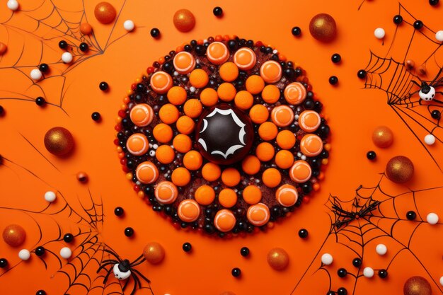 Halloweeninspired confections and pastries shaped like spooky figures on a vivid orange backdrop