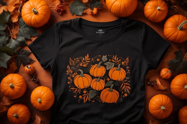 ハロウィンにインスパイアされた黒と白の女性のTシャツのモックアップで,南瓜と葉が描かれています.