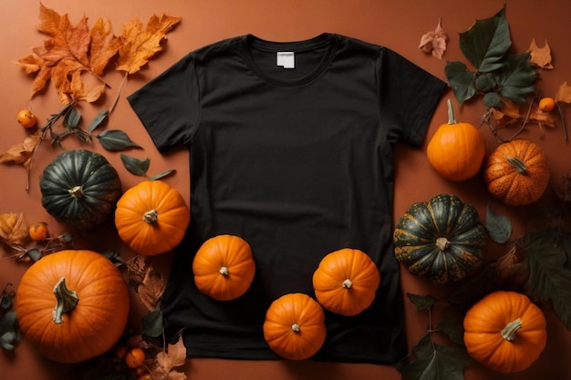 A Halloweeninspired mockup of a black and blank women's tshirt with pumpkins and leaves