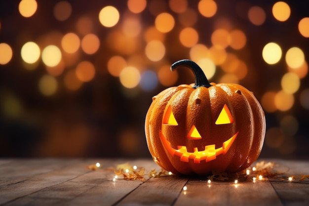 Halloweennacht met een houten tafel en een silhouet van een dode boom