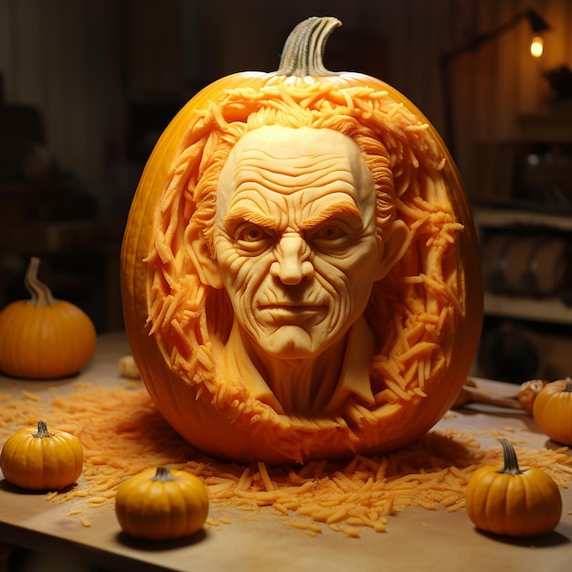 Halloweens Show a pumpkin face carving that incorporates elements of nature Premium AI