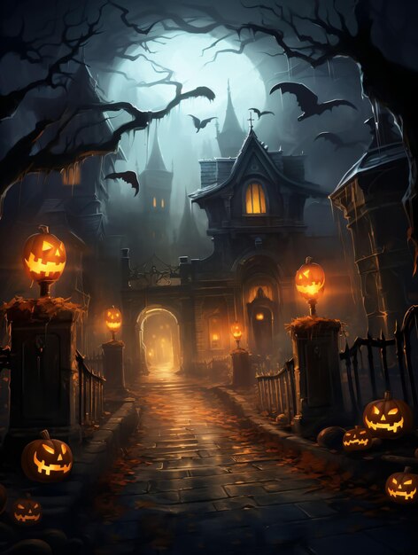 Halloweenthemed concept art of pumpkins and buildings under the streets at night