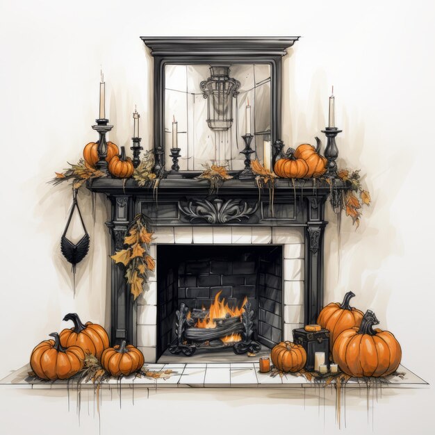 Скетч дизайна интерьера на тему Хэллоуин с камином и тыквой