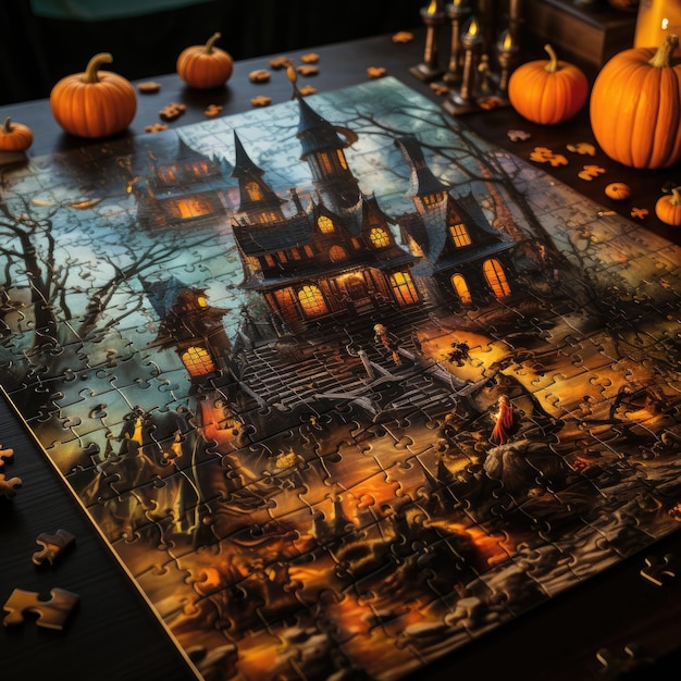 A Halloweenthemed jigsaw puzzle featuring eerie scenes and jacko'lanterns