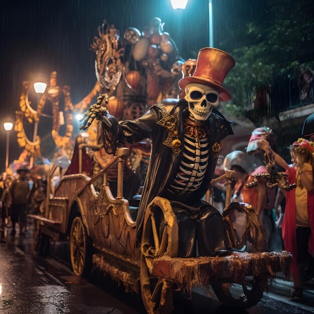 Halloweenthemed street parade with vibrant and elaborate floats