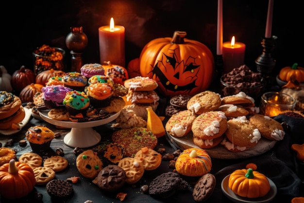 写真 ハロウィーンをテーマにしたおやつ、クッキー、カップケーキ、お祝いの形や色のキャンディー ハロウィーン