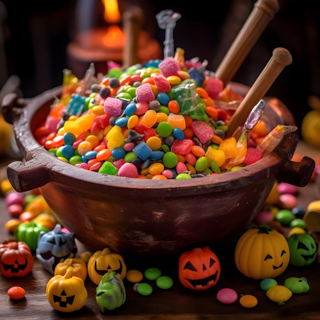 Halloweenthemed witch's cauldron overflowing with colorful candies and treats