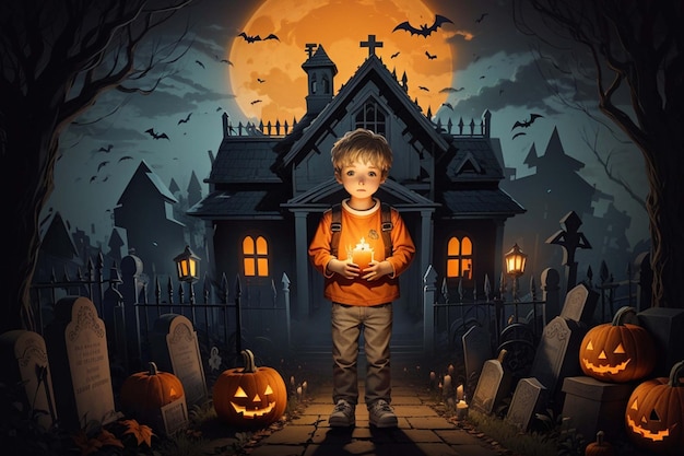 hallowen armoedig jongetje met een kaarsspookhuis op de begraafplaats Generatieve AI