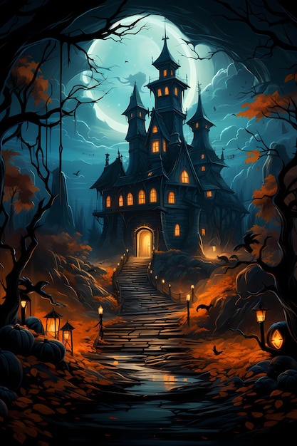 hallowen castle with full moon in the background