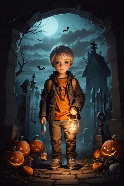 hallowen kind met een kaars gaat een spookhuis binnen op de begraafplaats Generative AI