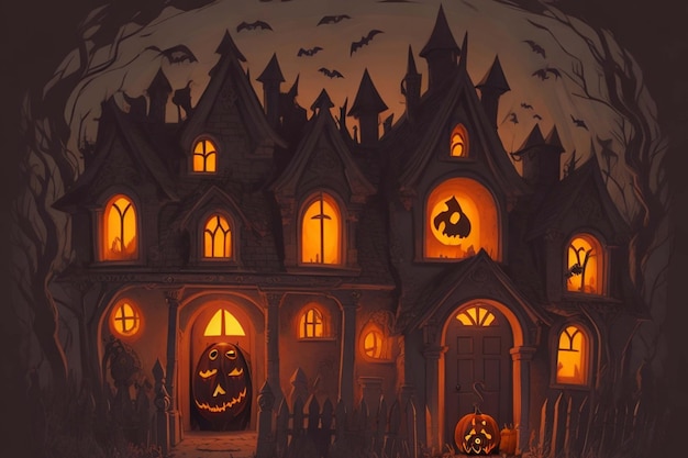 hallowen pumkin and haunted house in the cemetery