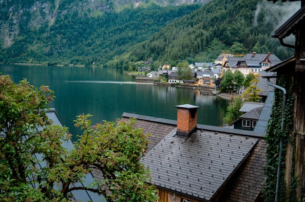 Hallstatt village on Hallstatter See Lake in High Alps Mountains Upper Austria