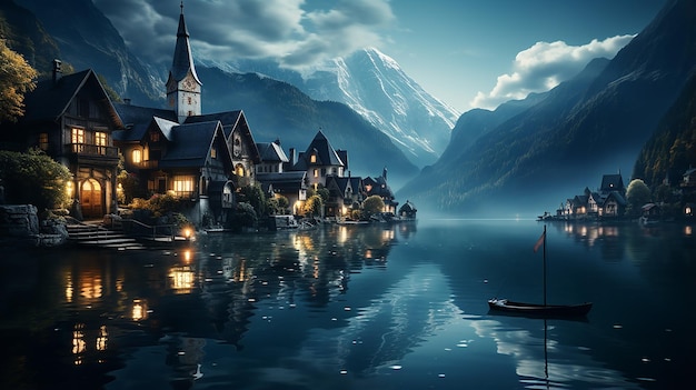 Foto notte del villaggio di hallstatt