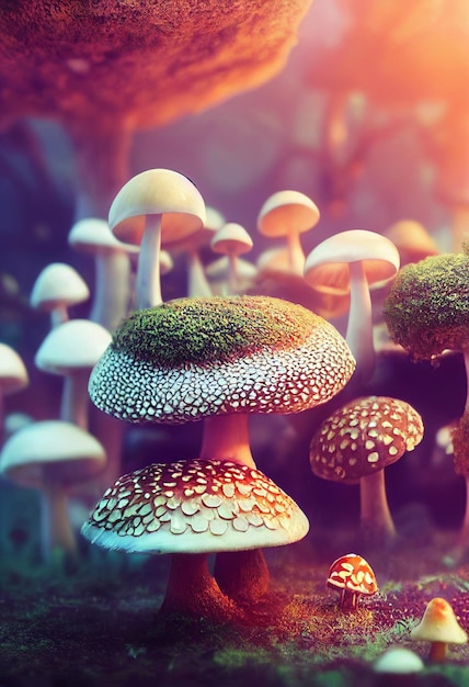 Hallucinogenic psilocybincontaining mushrooms in magic forest 3D illustration