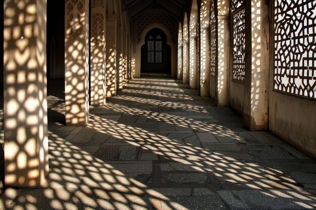 a hallway flooded with sunlight streaming through multiple windows creating interlocking patterns of light and shadow interlocking patterns of light and shadow