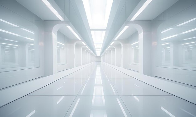 未来的なレトロなスタイルのぼやけた動きを持つ白でいっぱいの廊下