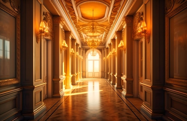 A hallway has ornate decor