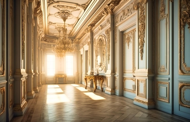 A hallway has ornate decor