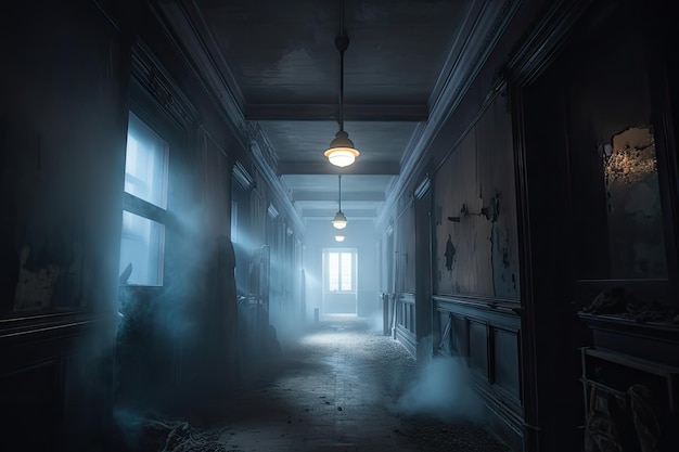 Hallway in haunted abandoned building with eerie flickering lights and dust floating through the air