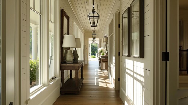 Photo hallway interior windows in them in a rusticstyle farmhouse generative ai