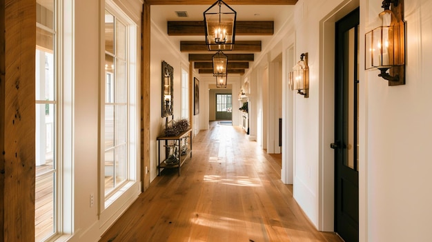 Photo hallway interior windows in them in a rusticstyle farmhouse generative ai