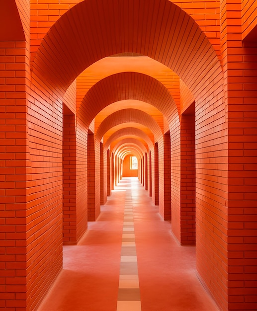 A hallway in an orange brick building