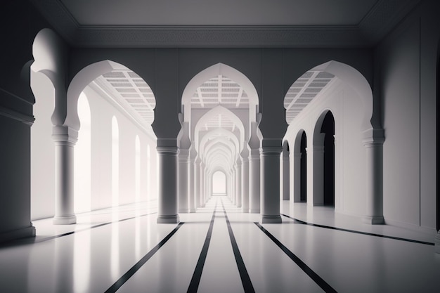 A hallway with arches and a light on the ceiling