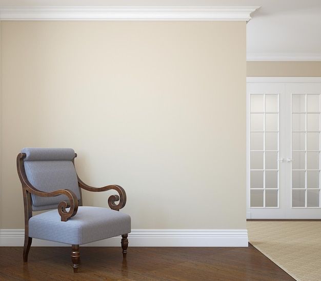 Hallway with armchair near empty beige wall 3d render