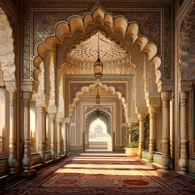 Photo a hallway with beautiful intricate lattice windows in the central white marble tomb of salim