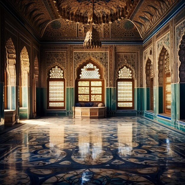 A hallway with beautiful intricate lattice windows in the central white marble tomb of Salim