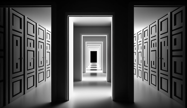 A hallway with a black background and a white wall with a light on it.