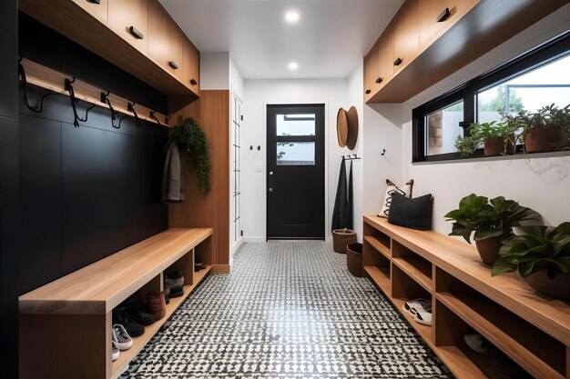 A hallway with a black door and a black door that says'the house is a '