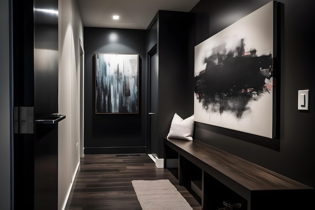 A hallway with a black wall and a white painting on the wall