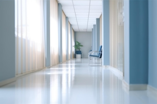 A hallway with a blue chair in the middle of it