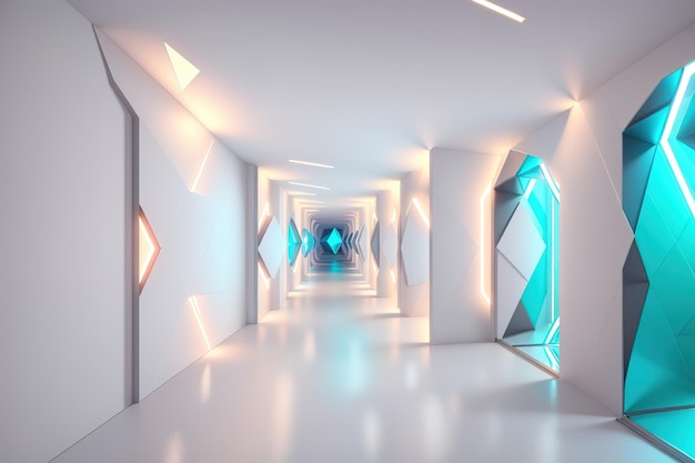 A hallway with a blue diamond shaped design