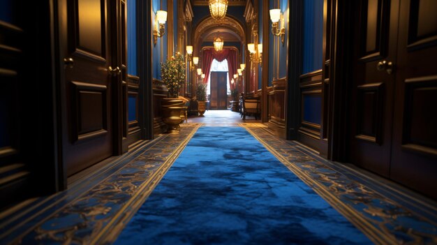 A hallway with a blue and gold floor and a doorway