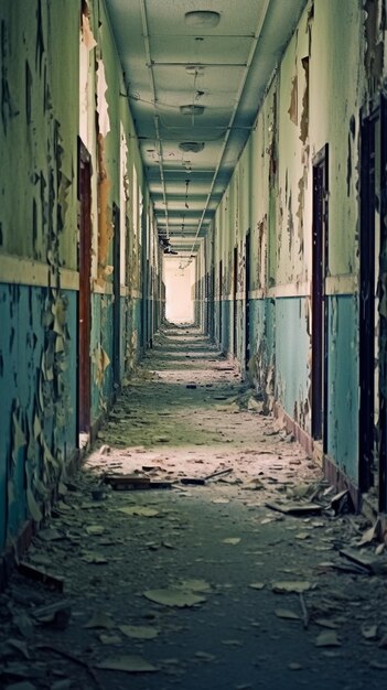 A hallway with a blue and green floor and the word " dead " on the bottom.