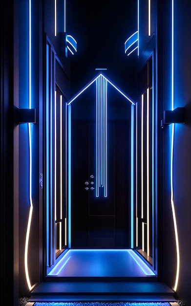 A hallway with blue lights and a blue carpet