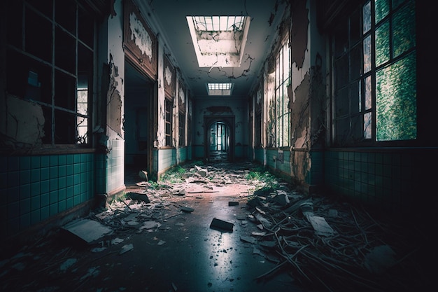 A hallway with a broken wall and a large hole in the floor that has been torn apart