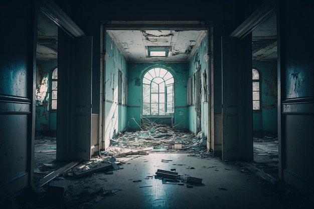 A hallway with a broken wall and a large hole in the floor that has been torn apart