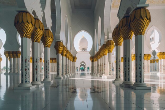Photo a hallway with columns and a dome with the words sheikh zayed grand mosque on the left.