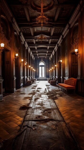 A hallway with a couch and a lamp on the floor