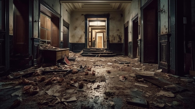 A hallway with debris on the floor and a building with a sign reading'the word " on the top.