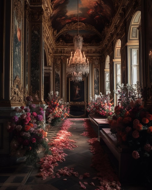 A hallway with flowers and a chandelier