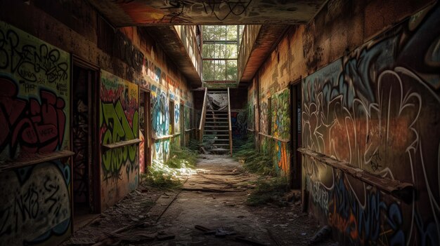 A hallway with graffiti on the walls and a staircase that says'the word'on it '