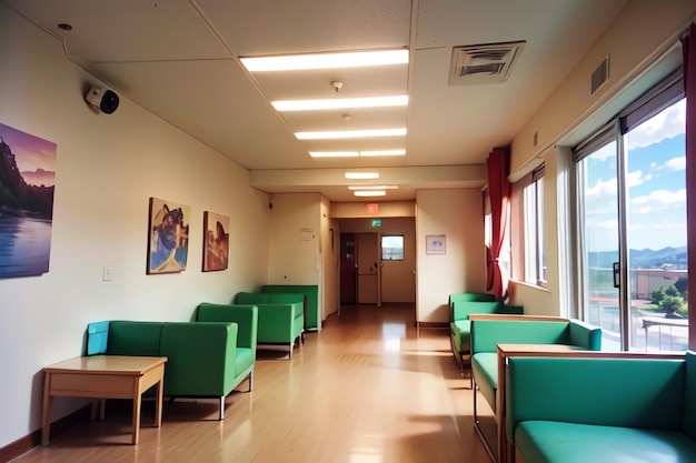 A hallway with green couches and a clock on the wall