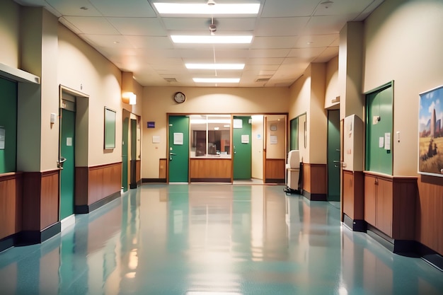 A hallway with green doors and green walls with a clock on the wall.