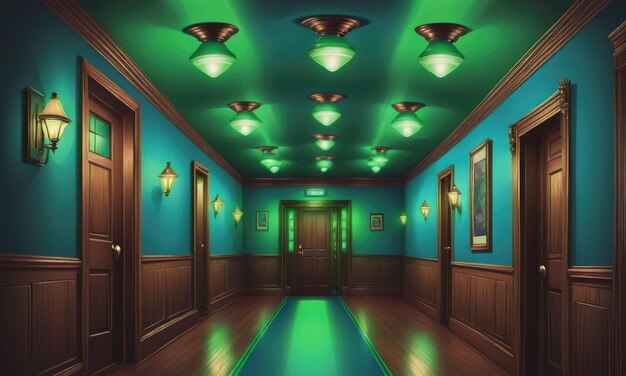 a hallway with green lights and a blue light on the ceiling